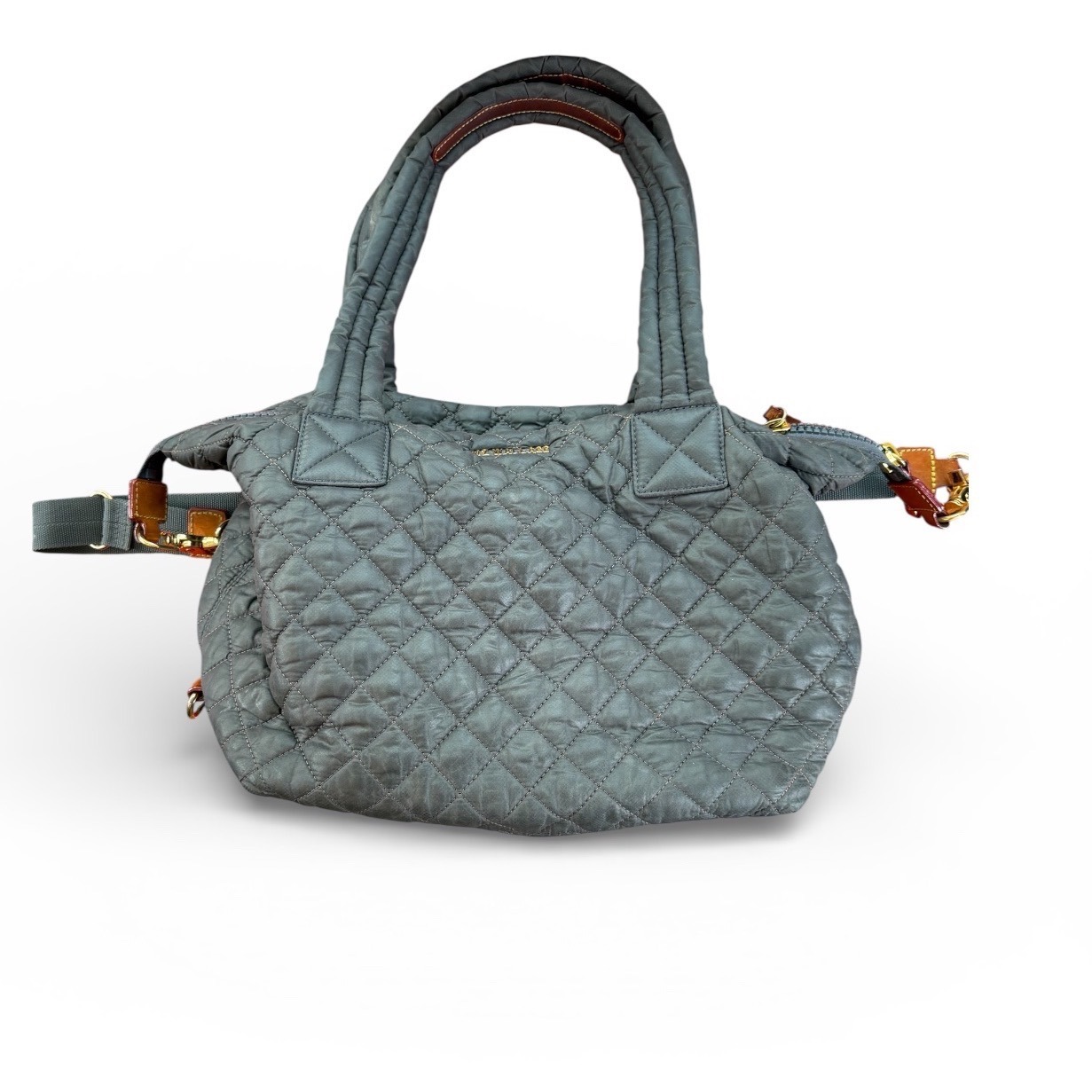 Mz Wallace Sutton Gray Deluxe Quilted Medium Tote Crossbody Bag Gold Hardwarer
